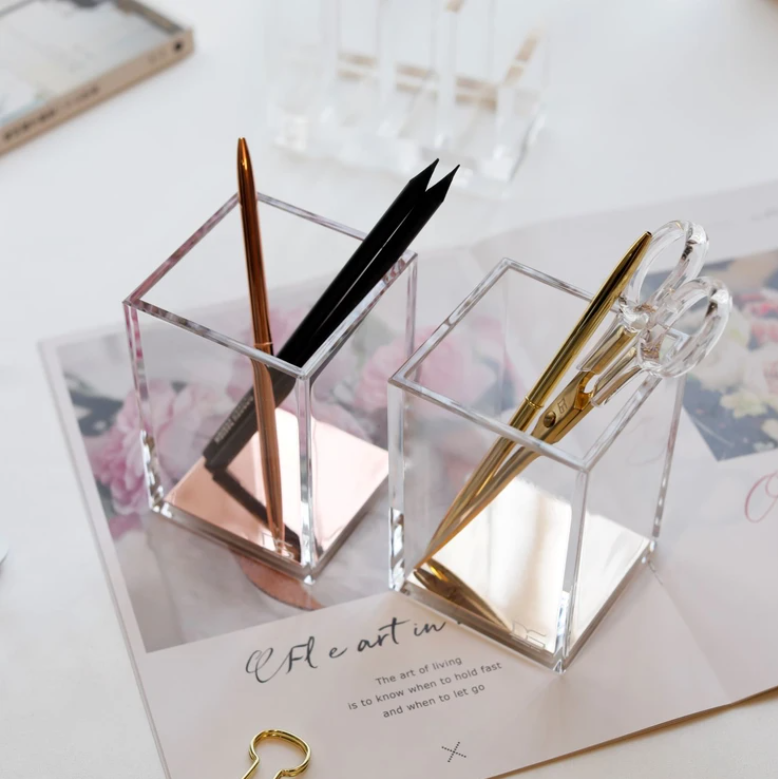 custom transparent office home school nordic plastic crystal gold cute stand storage clear acrylic desk pen holder