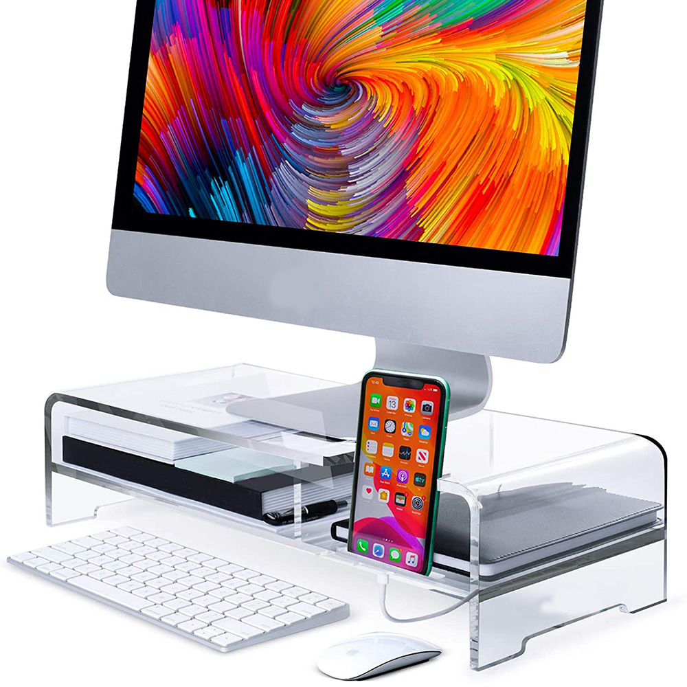 Acrylic Monitor Stand Riser 2 Tier Acrylic Computer Stand With Storage