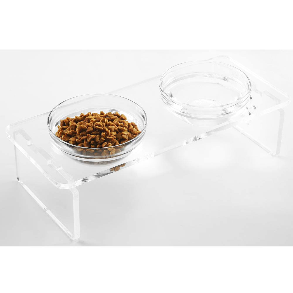 Removable Plexiglass Pet Food Storage Tray Clear Acrylic Feeder Stand with Glass Bowl